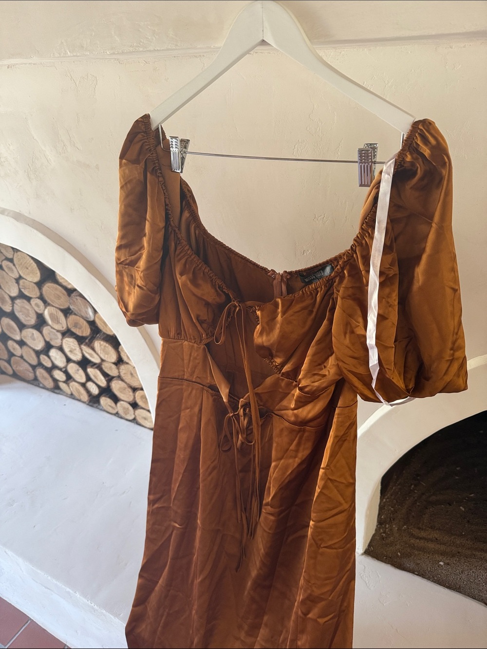 NWT Satin Brown Copper Puff Sleeve Midi Dress with cutouts and bows